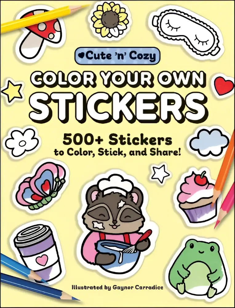Kleurrijk en gezellig color your own stickers boek met 500+ stickers to color and share op een gele achtergrond