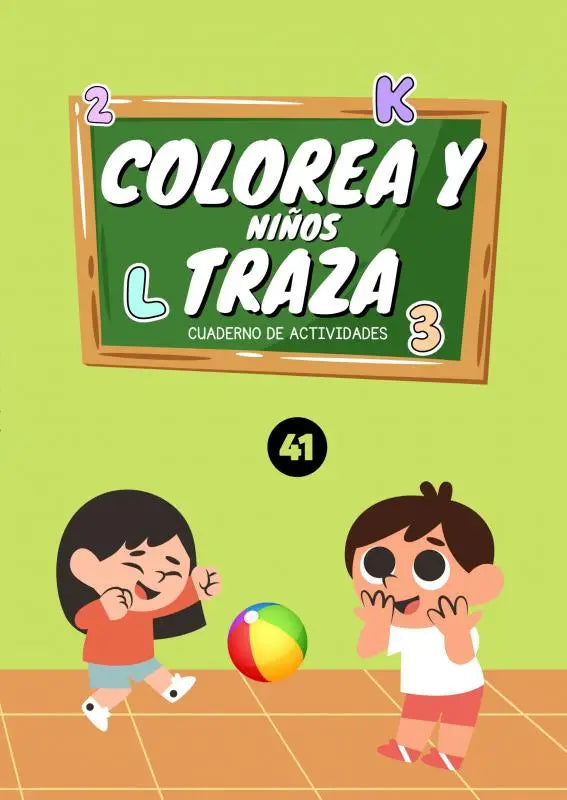 Groene krijtbord stijl cover met witte letters en houten lijst voor colorea y traza-niños activiteitenboek voor jonge lezers