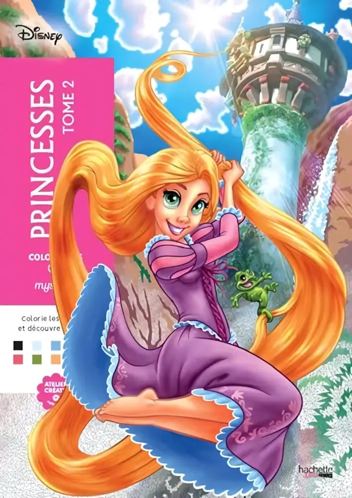A vibrant disney princesses coloring book cover by jérémy mariez from hachette heroes featuring rapunzel in a purple gown