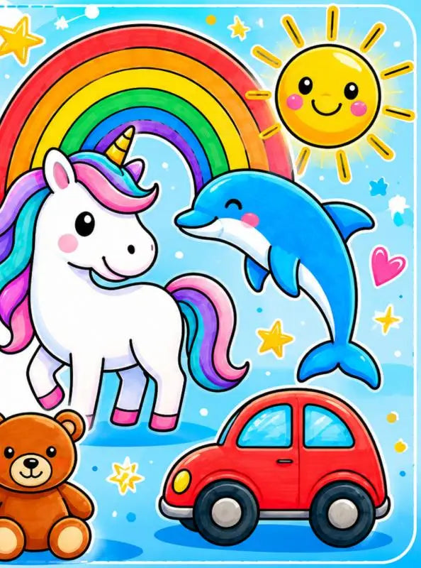 Een kleurrijk kleurboek met een vrolijke cartoon eenhoorn en een blauwe dolfijn onder een regenboog voor kinderen