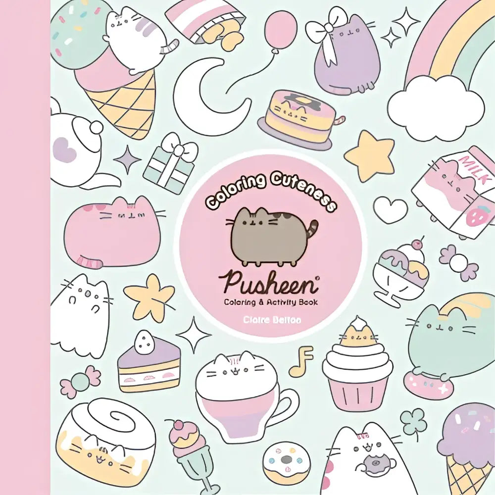 Pusheen coloring cuteness activity book met pastelillustraties op lichtblauwe achtergrond voor creatieve ontspanning