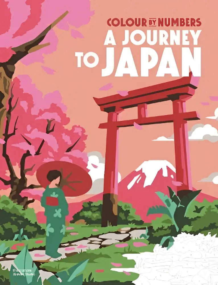A vibrant colour by numbers activity book cover featuring a red japanese torii gate with pink blossoms and mountains on a journey to japan