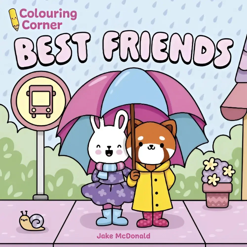 A colorful children’s colouring corner book cover with a pink and blue umbrella held by two cartoon animals