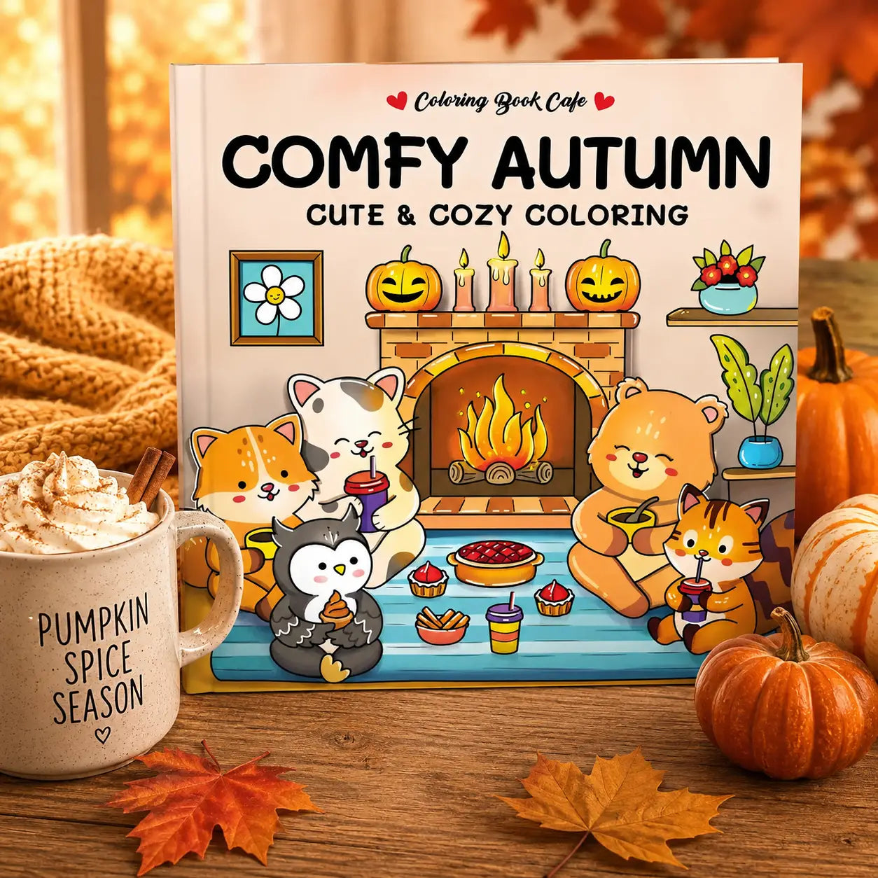 Cozy colouring book comfy autumn kleurboek met kawaii dieren bij open haard, pompoenen en kaarsen op de omslag