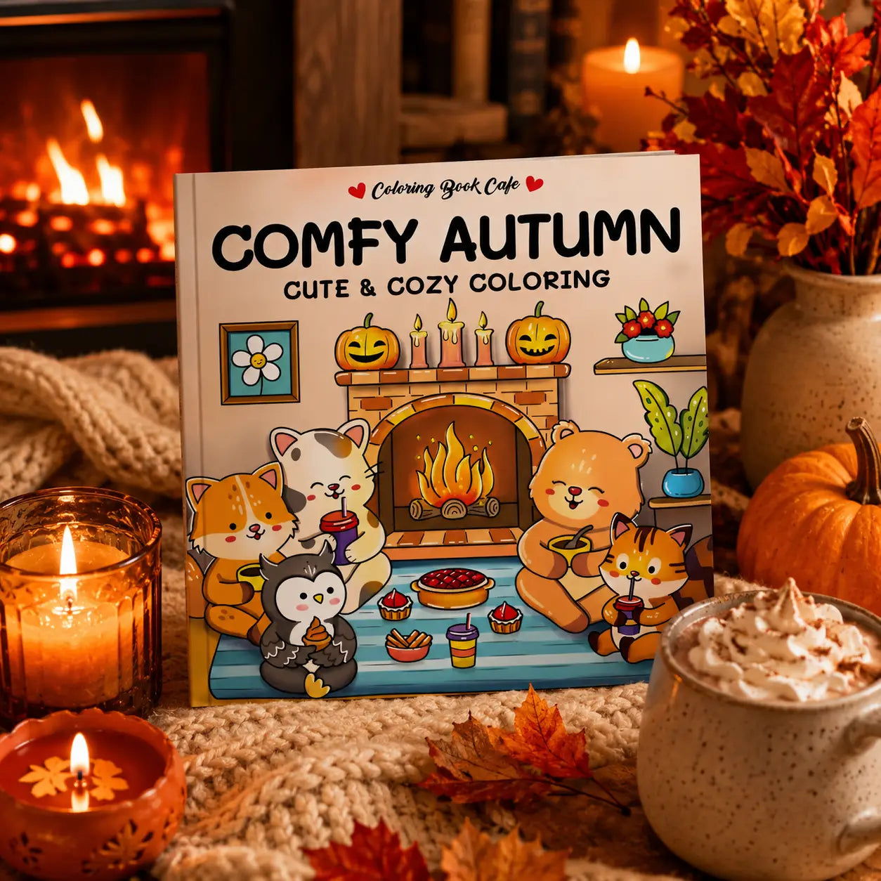 A cozy colouring book titled comfy autumn featuring kawaii dieren gathered around a fireplace with pumpkins and candles on the cover