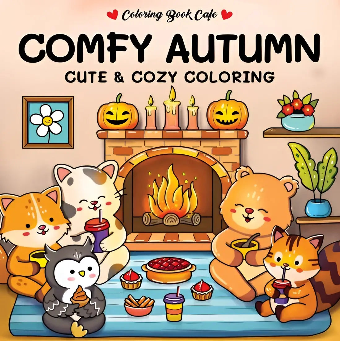 Comfy autumn kleurboek met schattige cartoon dieren rond een open haard en pompoenen voor cozy colouring plezier