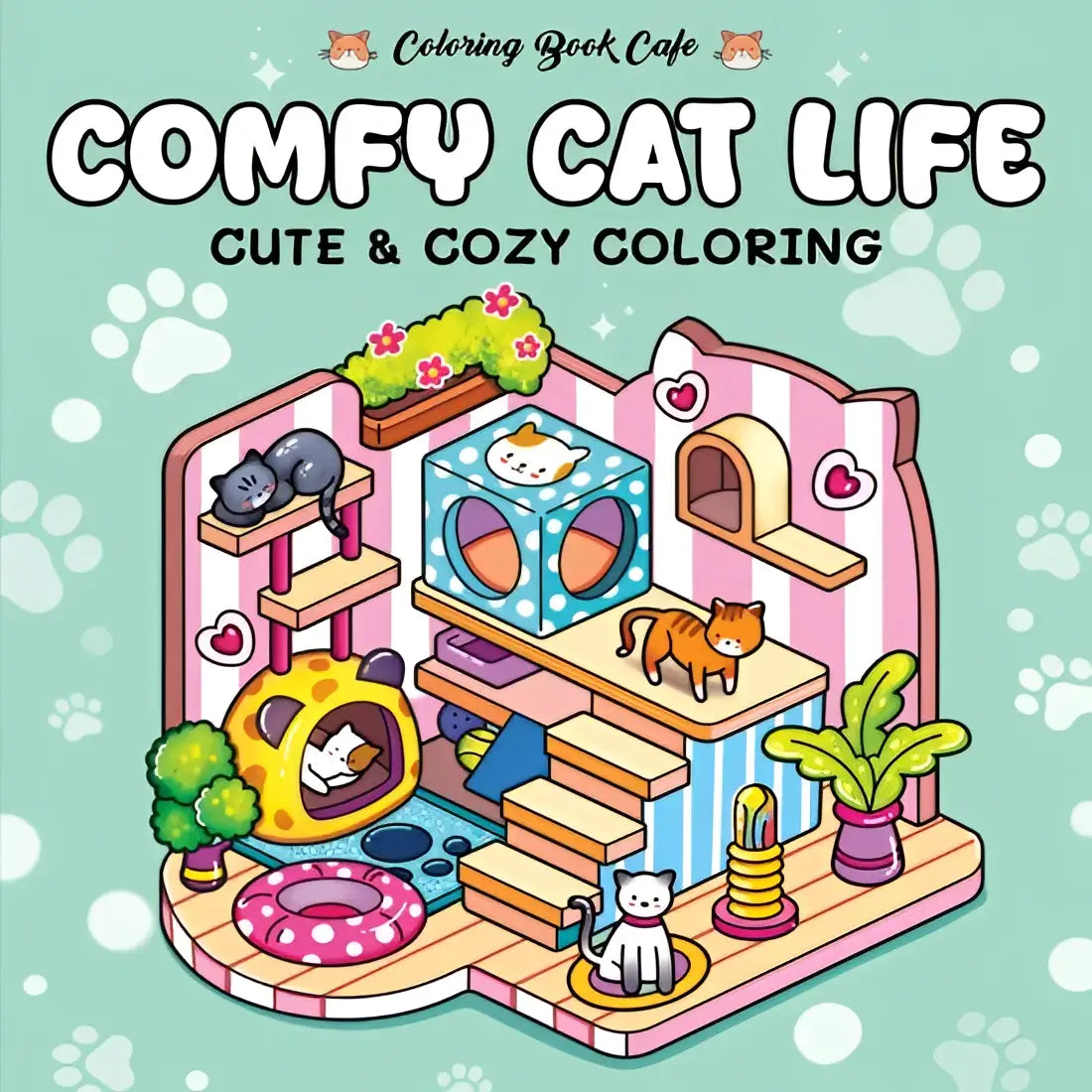 Een charmante kleurboekhoes voor comfy cat life met een speels kattenhuis in pastelkleuren en katten in verschillende poses