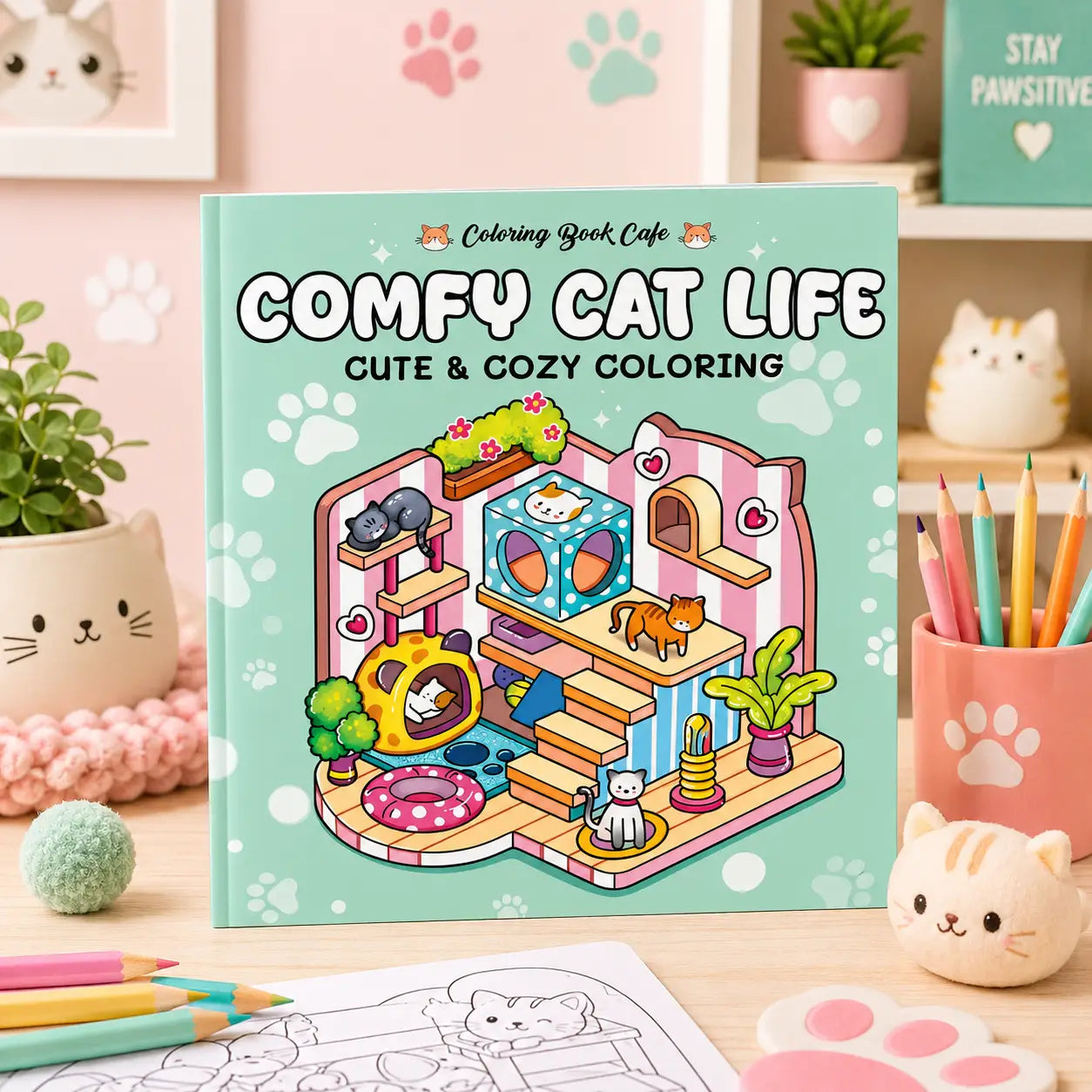 Een mintgroen cat life kleurboek comfy cat life met kawaii illustraties van schattige katten en een kleurrijk kattenhuis
