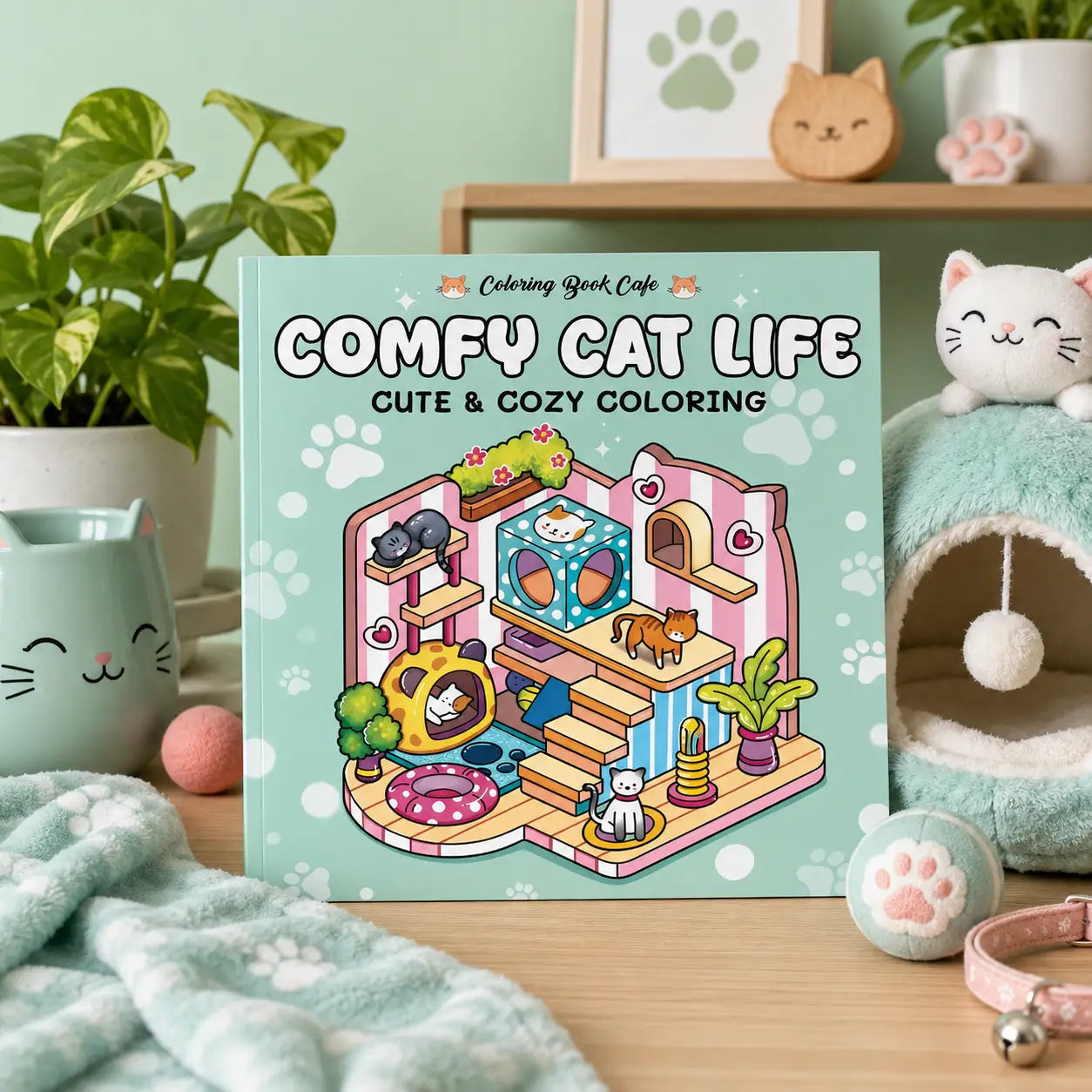 Pastel teal cat life kleurboek comfy cat life met schattige katten en kawaii illustraties van een speelhuisje