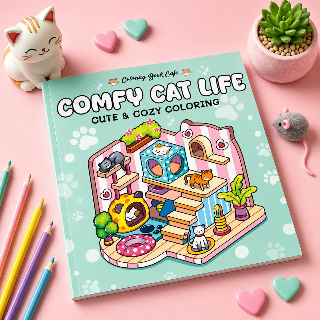 Pastel teal kleurboek comfy cat life met kawaii illustraties en schattige katten in een multi-level kattenhuis design