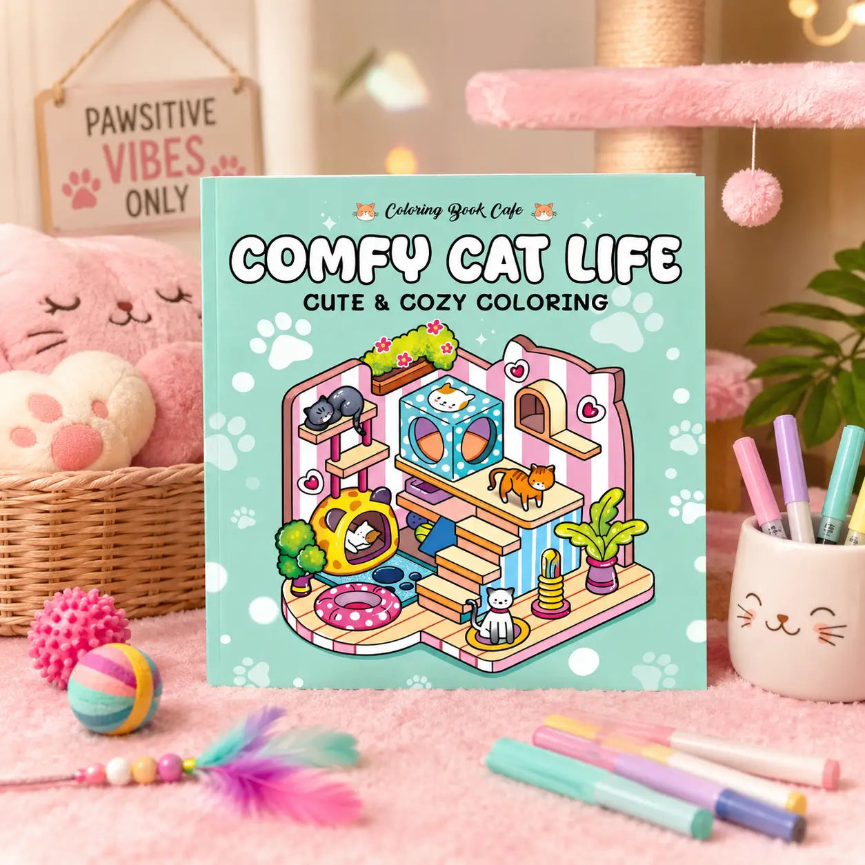 Pastel teal cat life kleurboek comfy cat life met schattige katten en kawaii illustraties van een kat thema huisje