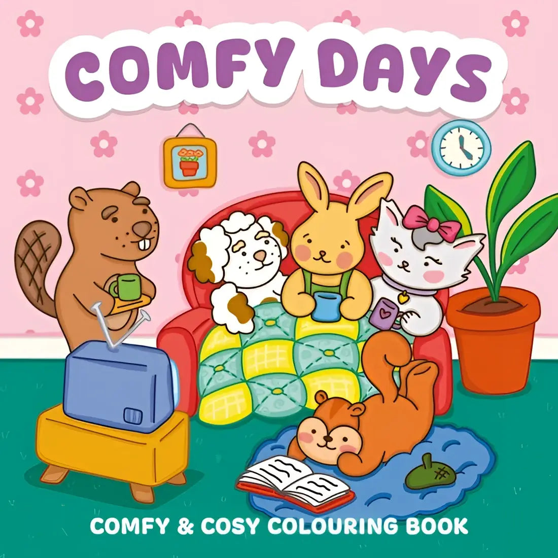 Comfy days kleurboek met kawaii illustraties van een gezellige woonkamer en dieren die ontspannen momenten beleven