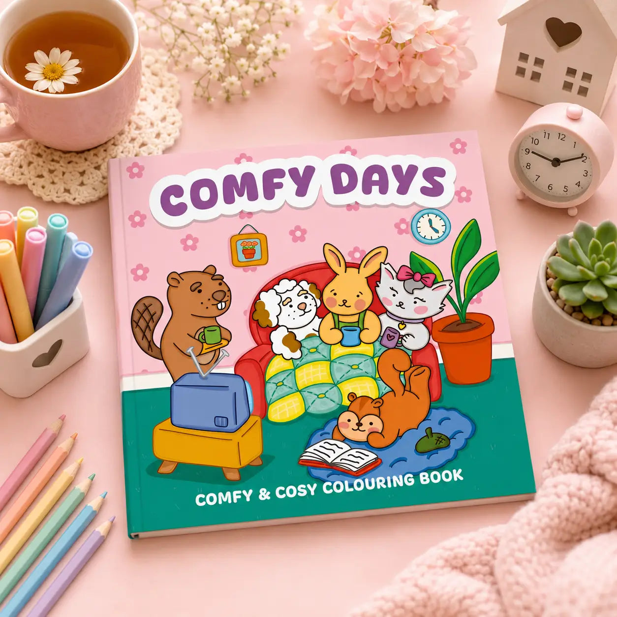 Roze en groene comfy days kleurboek met kawaii illustraties van cartoon dieren voor dagelijkse scènes