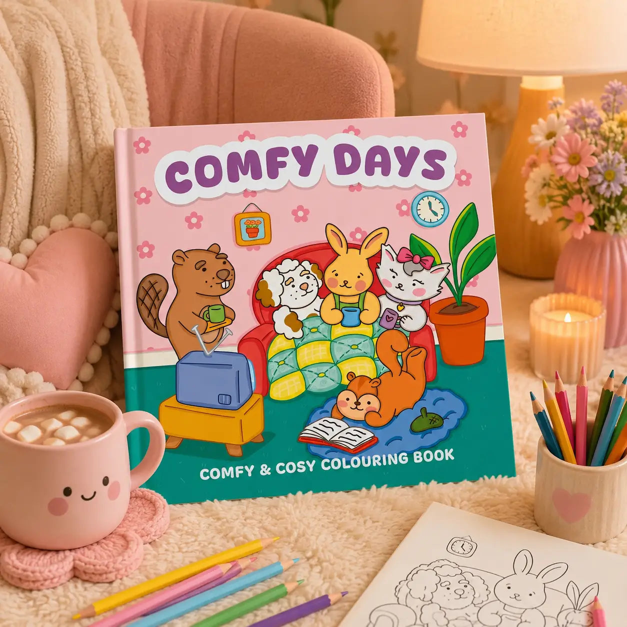 Pink hardcover comfy days kleurboek met kawaii illustraties van cartoon dieren in dagelijkse scènes woonkamer