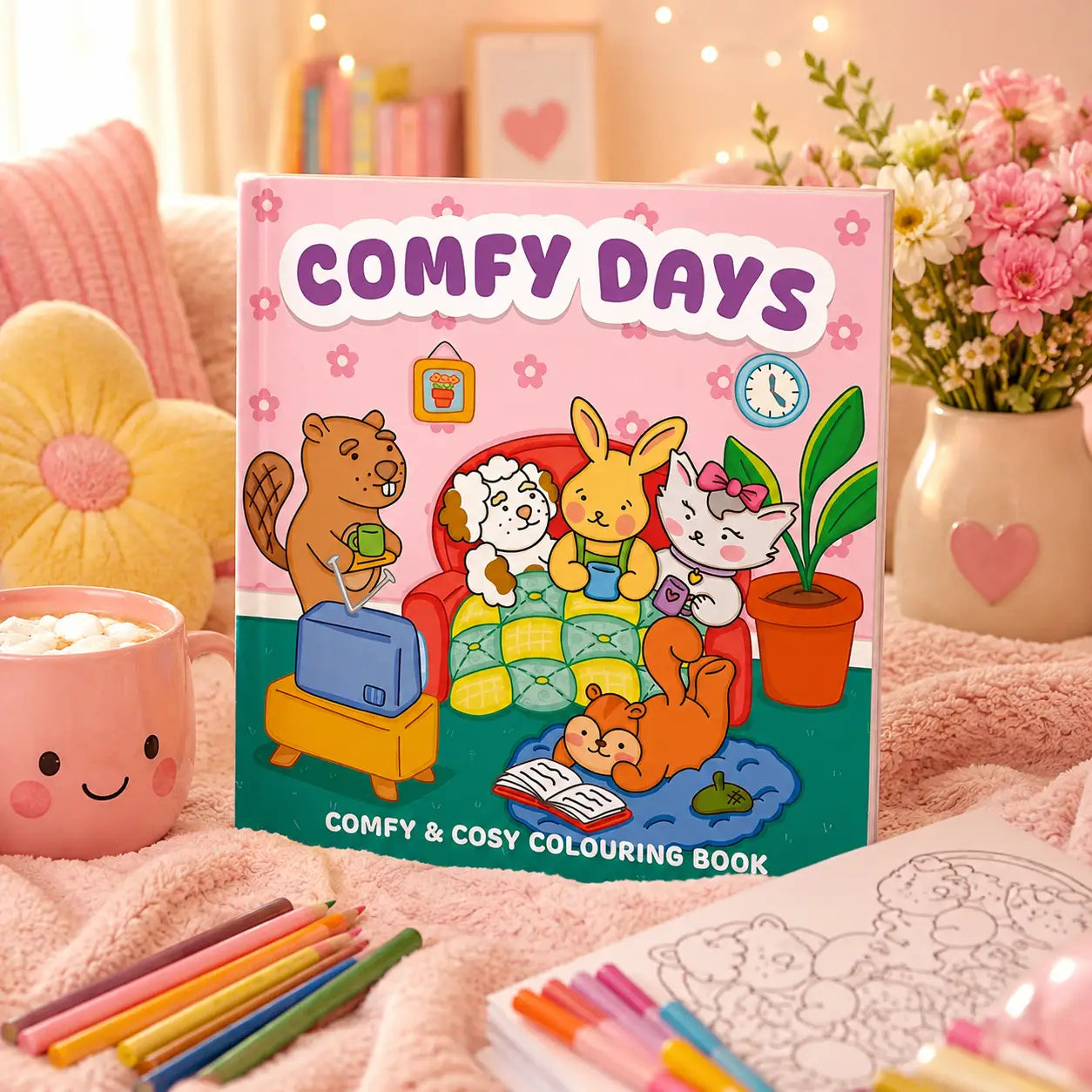 Rosa comfy days kleurboek met kawaii illustraties van cartoon dieren in een gezellige dagelijkse scène