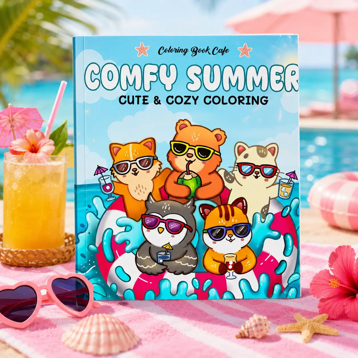 A vibrant blue comfy summer kleurboek featuring kawaii dieren in sunglasses on a beach float cozy colouring book by coloring book cafe