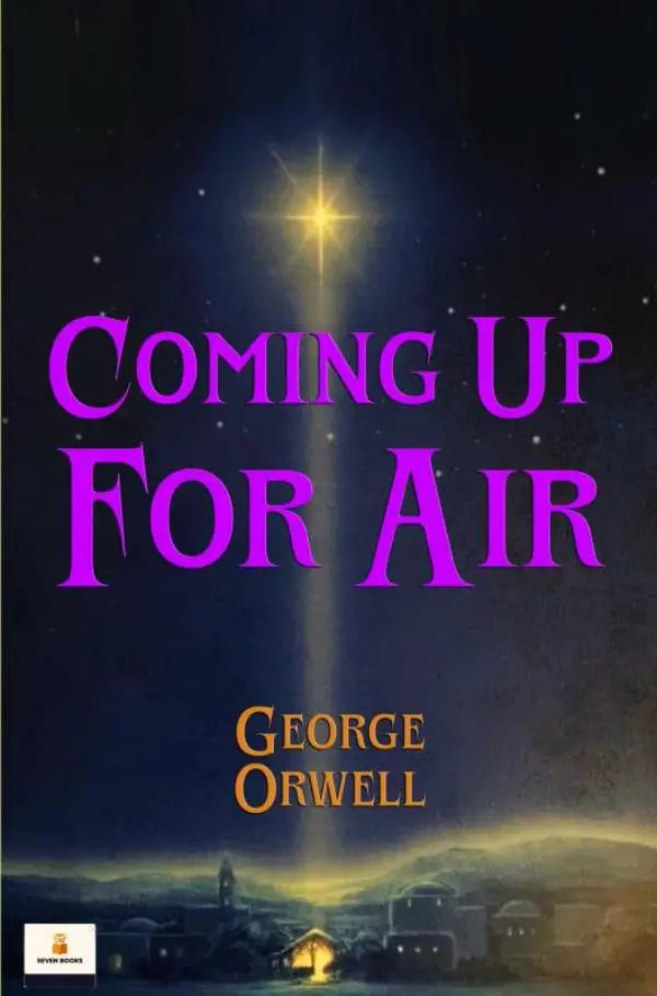 Paarse titel tekst coming up for air van george orwell tegen een nachtelijke hemel met een heldere ster en dorpssilhouet
