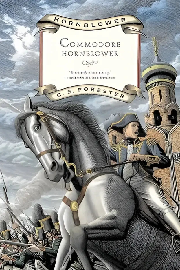 De omslag van het boek Commodore Hornblower toont een gedetailleerde illustratie van een ruiter te paard