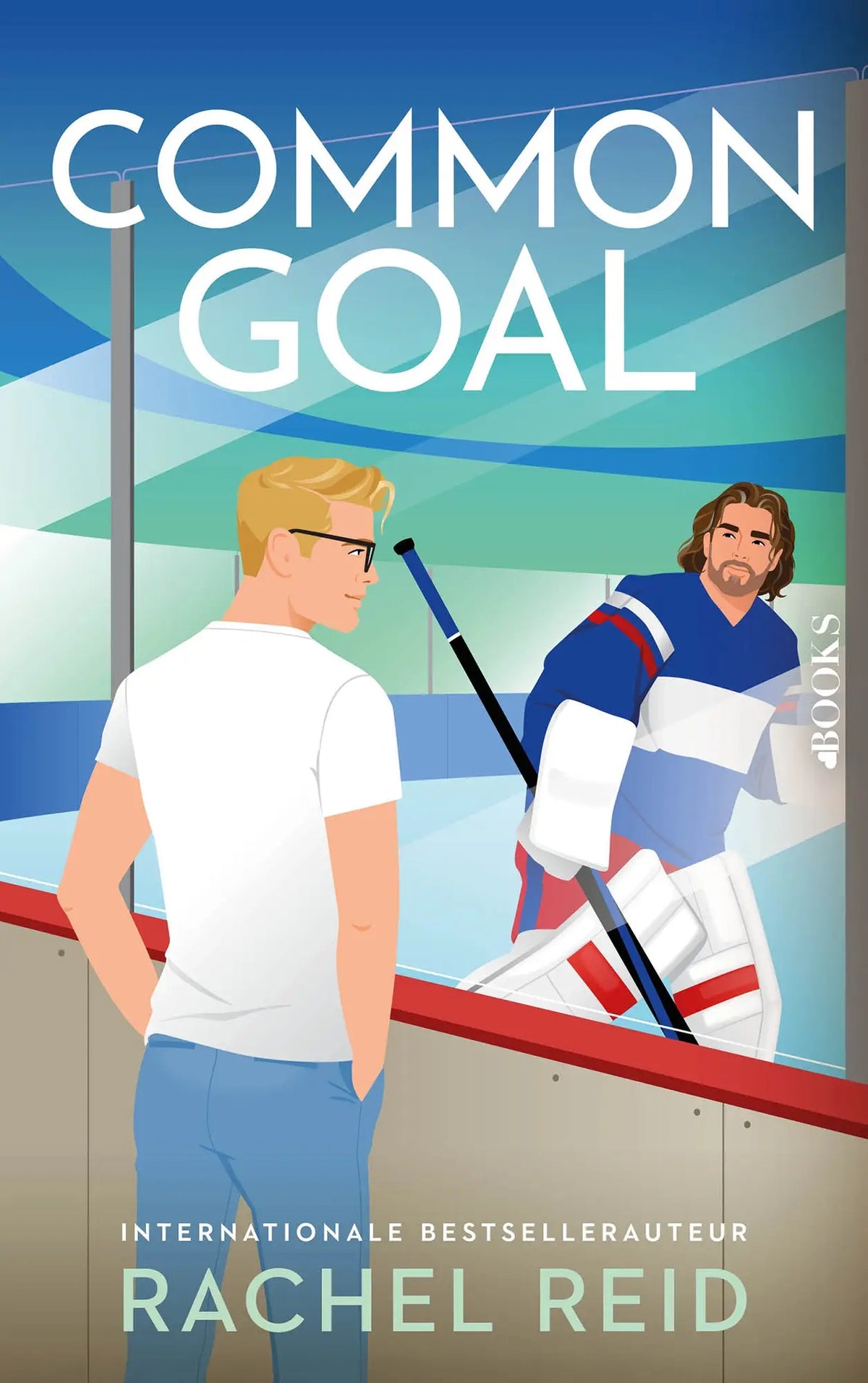 De boekcover van common goal door rachel reid toont twee mannen, een casual en een ijshockeygoalie, op blauwe en groene achtergrond