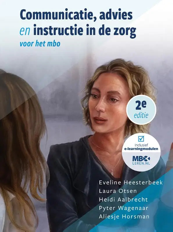 Blauwe en witte geïllustreerde boekomslag met een vrouw in donkerblauw topje voor communicatie advies en instructie in de zorg mbo