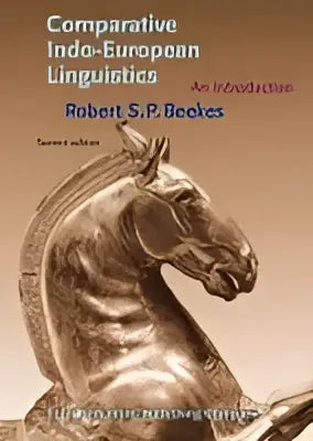 De boekomslag van comparative indo-european linguistics toont een goudkleurig gedetailleerd paardhoofd van metaal