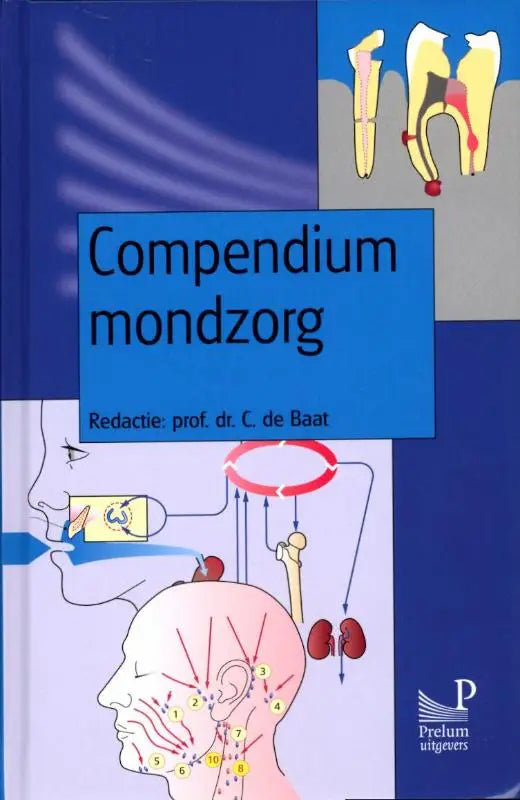 Blauw hardcoverboek compendium mondzorg met illustraties van tanden en anatomie uitgegeven door prelum uitgevers