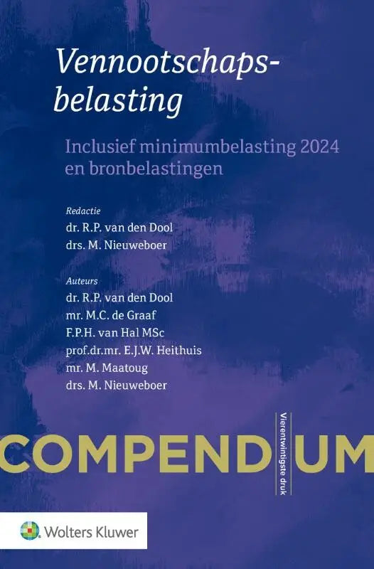 Blauw boek met witte en gele tekst vennootschapsbelasting met wolters kluwer logo voor compendium vennootschapsbelasting
