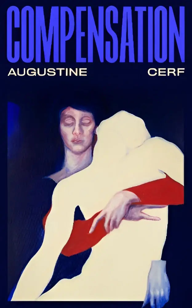 Een opvallende blauw-witte poster met een gestileerde schildering van twee omarmde figuren voor compensation van augustine cerf