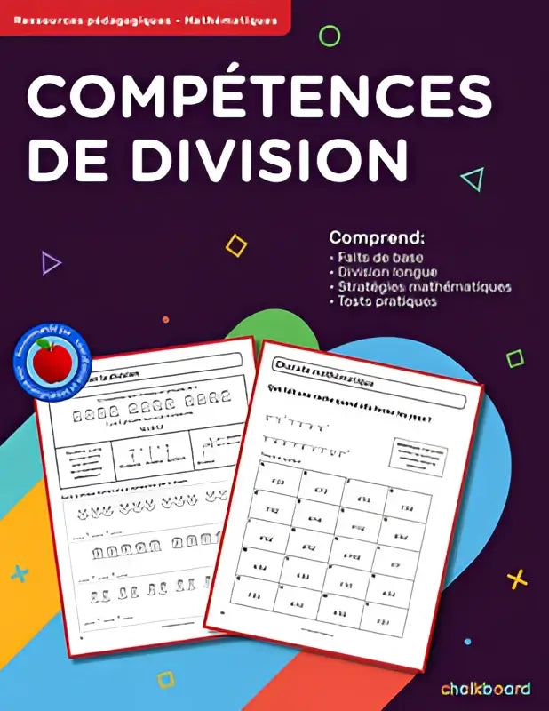 Het kleurrijke educatieve werkboek compétences de division toont geometrische patronen en oefenbladen voor delen