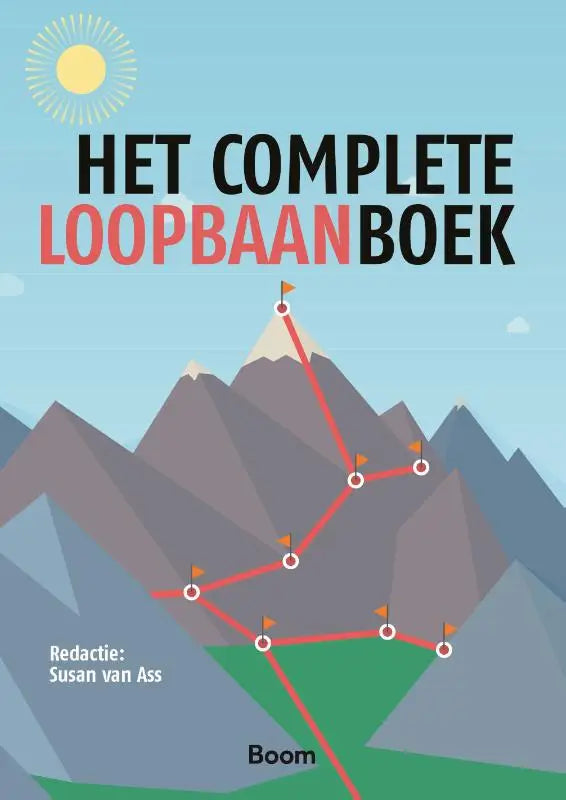 Het complete loopbaanboek boekomslag met zwarte en rode tekst en gestileerde bergen op een lichte blauwe achtergrond