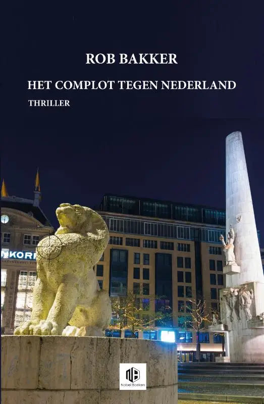 A weathered light-colored stone lion statue with detailed mane in an urban night scene for het complot tegen nederland