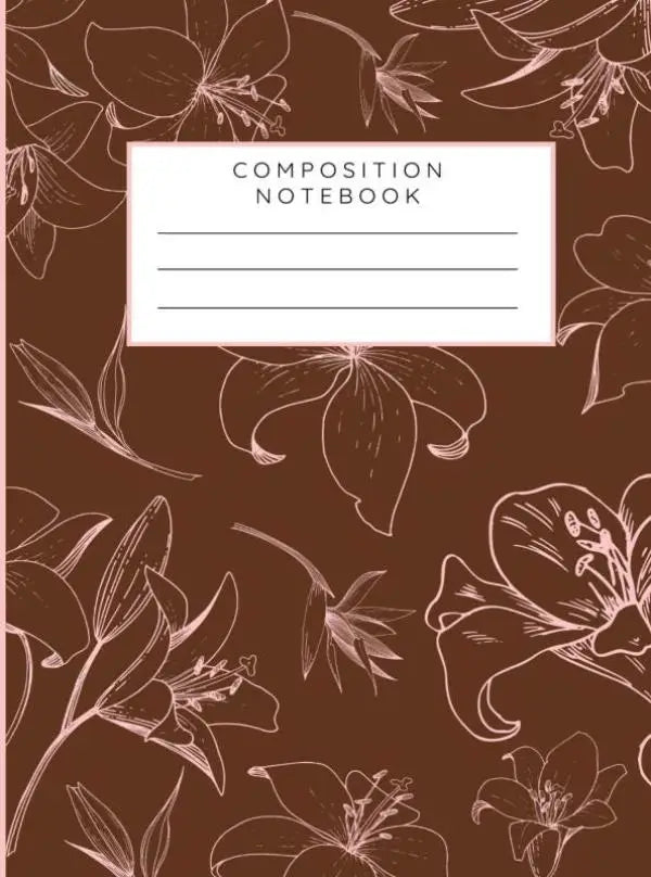 Composition notebook met bruine kaft, delicate witte bloemlijntekening en minimalistisch label voor schoolgebruik