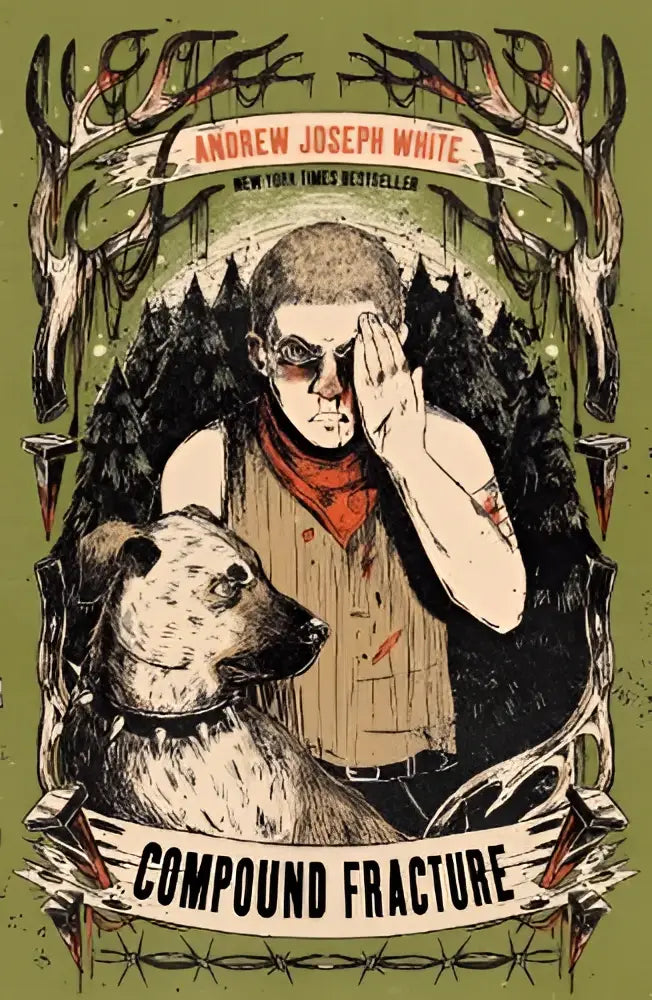 De boekomslag van compound fracture door andrew joseph white toont een man met een hond op een olijfgroene achtergrond