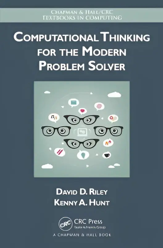 De voorkant van computational thinking for the modern problem solver toont zwarte brillen en iconen op lichtteal achtergrond
