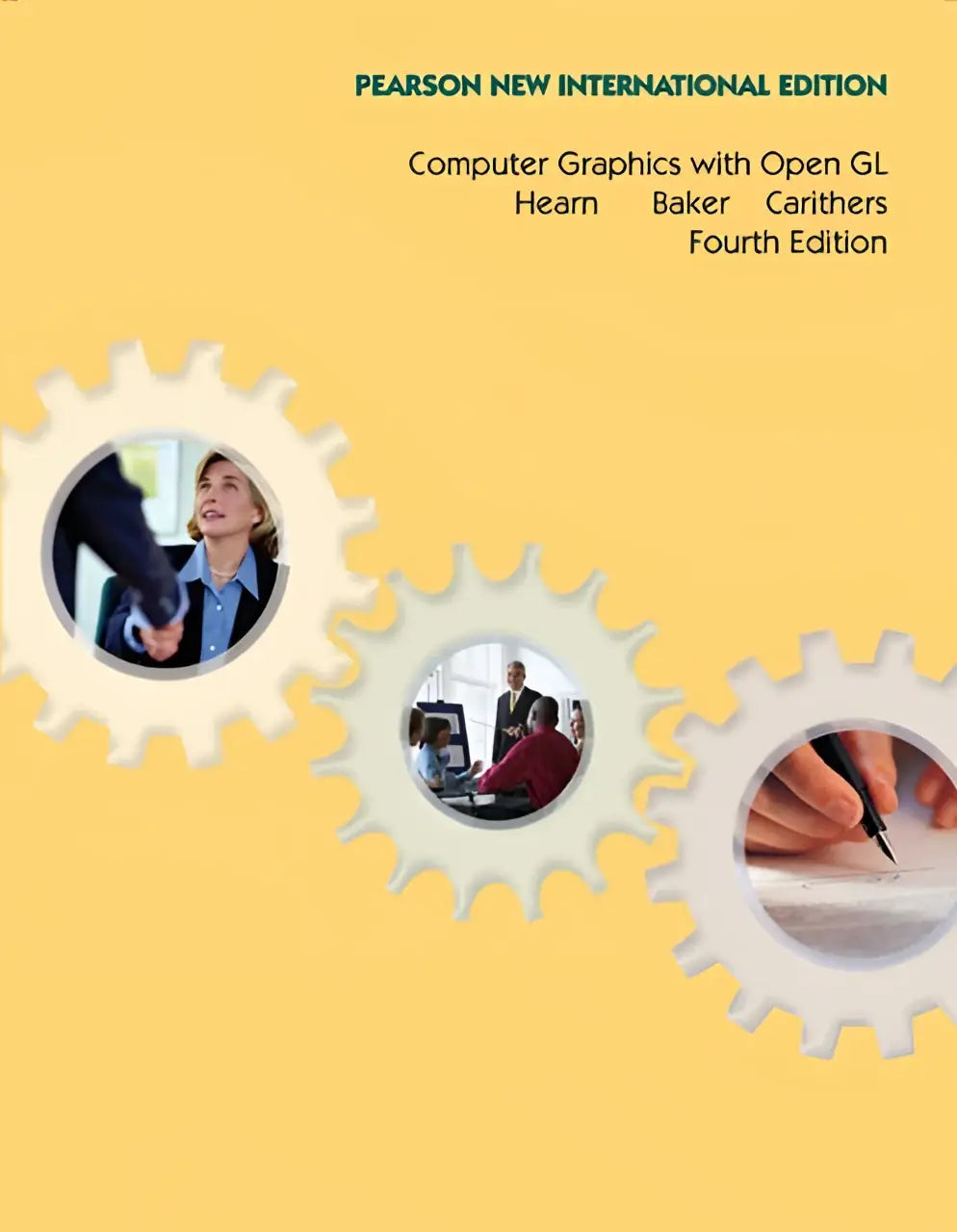 Gele tekstboekcover computer graphics with open gl pearson met drie witte tandwielvormige uitsparingen en foto’s van professionals