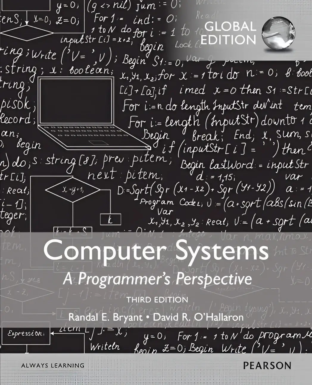 Grijze textbook cover van computer systems een programmers perspective met zwart schoolbordstijl code en diagrammen