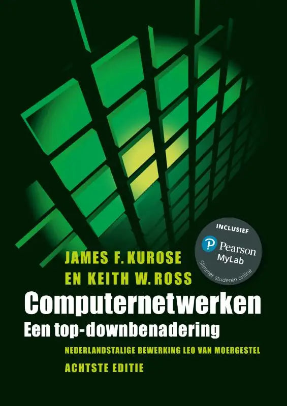 Groen en zwart boek met geometrisch ontwerp en gloeiende vierkanten getiteld computernetwerken een top-down benadering door james f