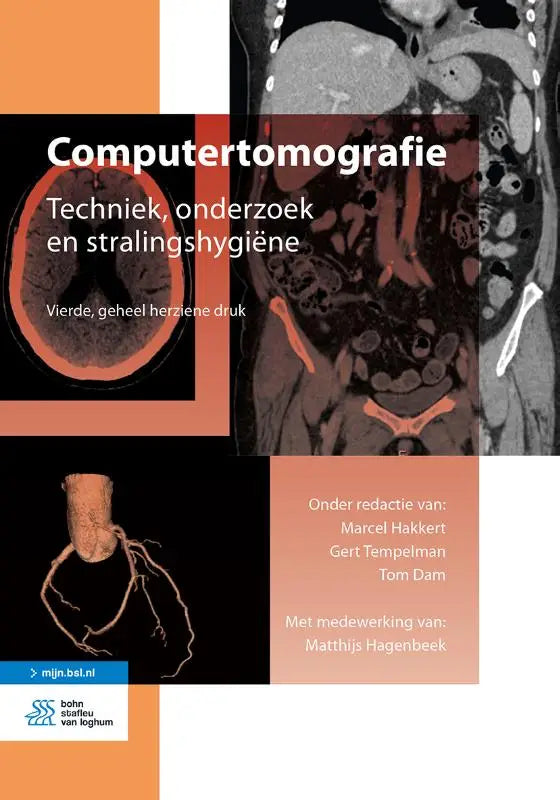 De cover van het medische boek computertomografie toont een collage met oranje en zwarte ct-scanbeelden voor medische beeldvorming