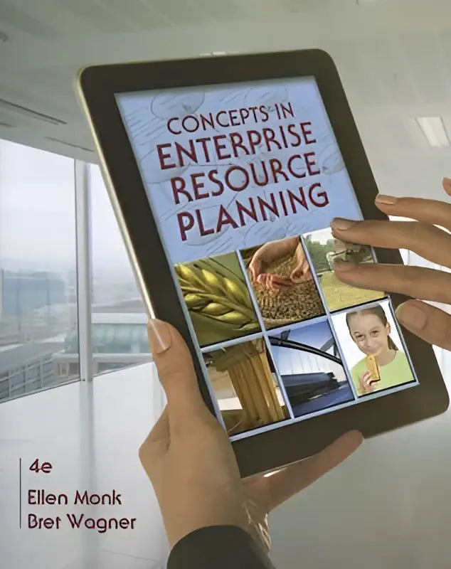 Zwarte tablet toont digitale cover van leerboek concepts in enterprise resource planning door ellen monk en dret wagner 4e editie