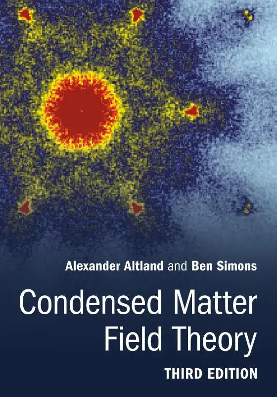 The condensed matter field theory book cover shows a vibrant pixelated particle with a red center and yellow halo on blue