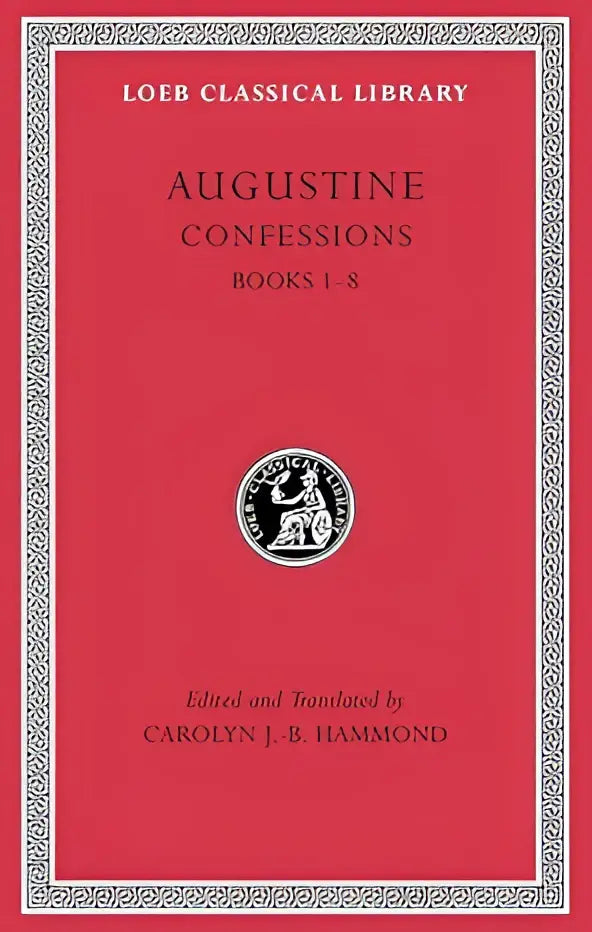 Rode gebonden hardcover met zilveren rand en reliëf emblem deel van loeb classical library confessions volume i boeken 1–8