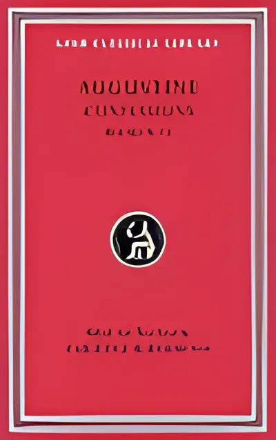 Rode hardcover boek met zwarte tekst en cirkelvormig embleem loeb classical library confessions volume spirituele autobiografie