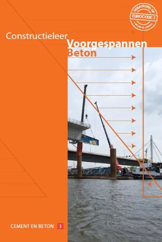 Oranje constructieleer voorgespannen beton leerboek met bouwplaats afbeelding van kranen en betonconstructies