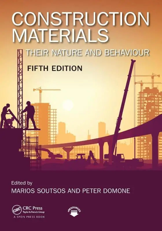 De omslag van het leerboek construction materials their nature and behaviour vijfde editie toont silhouetten van bouwvakkers tegen een oranje stadsachtergrond
