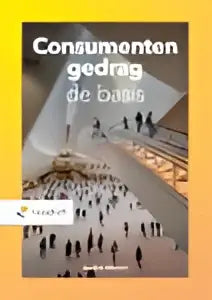 Het boek consumentengedrag door andré weber toont een gele oranje verloop achtergrond met mensen in een moderne lobby
