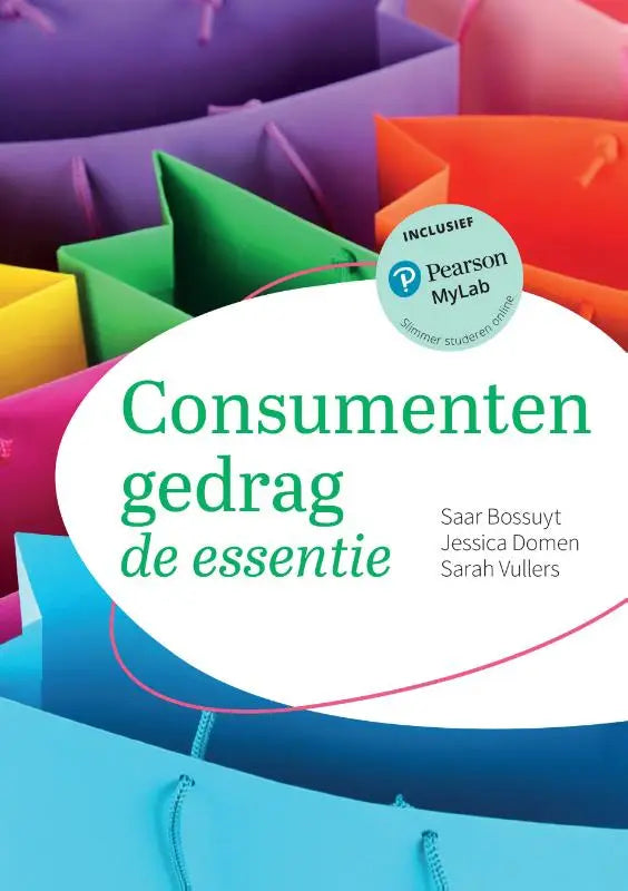 De boekcover van consumentengedrag de essentie met mylab nl toegangscode bevat groene tekst op witte ovaal met auteurs vermeld