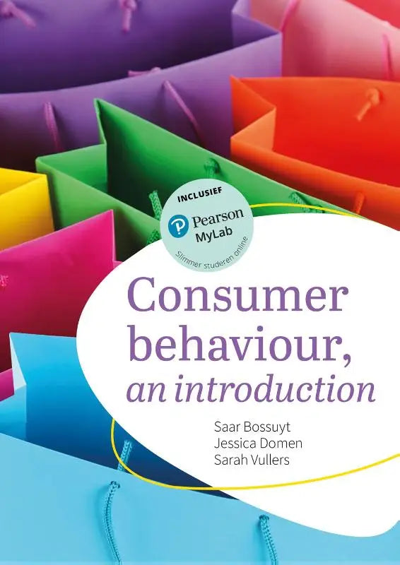 De boekcover van consumer behaviour an introduction toont een collage van kleurrijke boodschappentassen in paars oranje groen geel roze en blauw