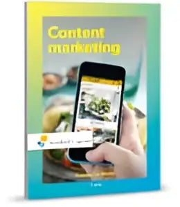 De boekcover van contentmarketing toont de titel in een vet, modern schreefloos lettertype op een teal naar gele achtergrond