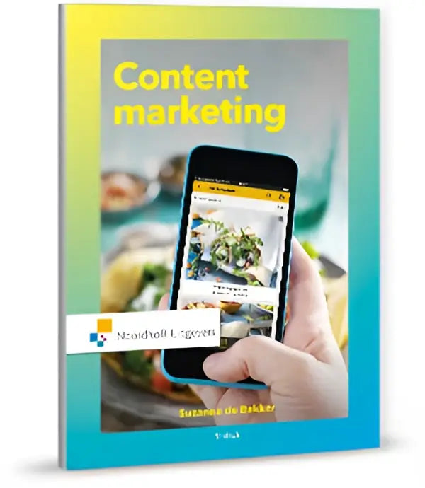 Het boek contentmarketing toont de titel in geel met een hand die een smartphone met content vasthoudt