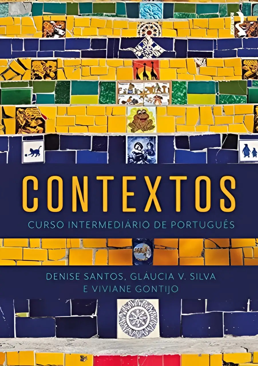 De cursus intermediario contextos boek heeft een levendig mozaïekontwerp met kleurrijke tegels en symbolen
